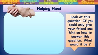 KNOWLEDGE UNDERSTANDING RECALL APPLICATION ANALYSIS
DISCUSSDERIVECREATEEVALUTESYNTHESIS
Helping Hand
Look at this
question. If you
could only give
your friend one
hint on how to
answer this
question. What
would it be ?
 