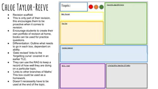 ChloeTaylor-Reeve
● Revision scaffold
● This is only part of their revision,
this encourages them to be
proactive when it comes to
revision.
● Encourage students to create their
own portfolio of revision at home,
books can be used for practice
questions.
● Differentiation: Outline what needs
to go in each box, dependant on
ability.
● ‘Date revised’ links to the
‘forgetting curve’ covered in an
earlier TLC.
● They can use the RAG to keep a
record of how well they are doing
on a particular topic.
● ‘Links to other branches of Maths’
This box could be used as a
homework.
● Doesn’t necessarily have to be
used at the end of the topic.
 