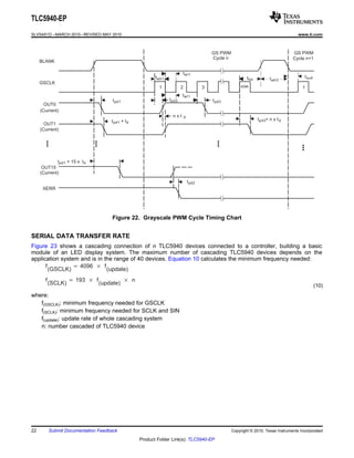TLC5940-EP 
SLVSA51D –MARCH 2010–REVISED MAY 2010 www.ti.com 
BLANK 
GSCLK 
GS PWM 
Cycle n 
GS PWM 
Cycle n+1 
th4 twh3 
1 2 3 1 
OUT0 
OUT1 
OUT15 
XERR 
n x t d 
tpd1 
tpd1 + td 
tpd1 + 15 x  td 
tpd2 
tpd3 
twh1 
twl1 
twl1 
tpd3 
4096 
tpd3+ n x td 
tsu4 
(Current) 
(Current) 
(Current) 
Figure 22. Grayscale PWM Cycle Timing Chart 
SERIAL DATA TRANSFER RATE 
Figure 23 shows a cascading connection of n TLC5940 devices connected to a controller, building a basic 
module of an LED display system. The maximum number of cascading TLC5940 devices depends on the 
application system and is in the range of 40 devices. Equation 10 calculates the minimum frequency needed: 
f(GSCLK)  4096  f(update) 
f(SCLK)  193  f(update)  n 
(10) 
where: 
f(GSCLK): minimum frequency needed for GSCLK 
f(SCLK): minimum frequency needed for SCLK and SIN 
f(update): update rate of whole cascading system 
n: number cascaded of TLC5940 device 
22 Submit Documentation Feedback Copyright © 2010, Texas Instruments Incorporated 
Product Folder Link(s): TLC5940-EP 
 