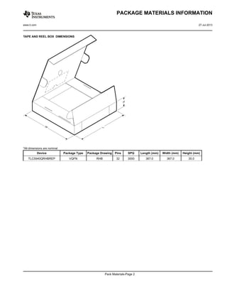 www.ti.com 27-Jul-2013 
*All dimensions are nominal 
PACKAGE MATERIALS INFORMATION 
Device Package Type Package Drawing Pins SPQ Length (mm) Width (mm) Height (mm) 
TLC5940QRHBREP VQFN RHB 32 3000 367.0 367.0 35.0 
Pack Materials-Page 2 
 