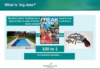 What is ‘big data?’
Big data is about "building new analytic applications based on new
types of data, in order to better serve your customers and drive a
better competitive advantage"
Big Data as the three ‘Vs’: Volume, Variety and Velocity
As a business example…..
100 to 1
 