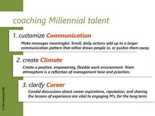 ©TheLearningCafé
a “Good” Bosscoaching Millennial talent
2. create Climate
3. clarify Career
1. customize Communication
Cr...
