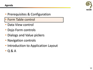 Agenda

• Prerequisites & Configuration
• Form Table control
• Data View control
• Dojo Form controls
• Dialogs and Value pickers
• Navigation controls
• Introduction to Application Layout
• Q&A

11

 
