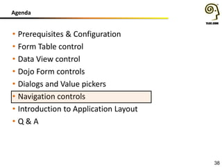 Agenda

• Prerequisites & Configuration
• Form Table control
• Data View control
• Dojo Form controls
• Dialogs and Value pickers
• Navigation controls
• Introduction to Application Layout
• Q&A

38

 