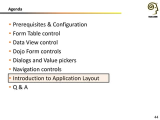 Agenda

• Prerequisites & Configuration
• Form Table control
• Data View control
• Dojo Form controls
• Dialogs and Value pickers
• Navigation controls
• Introduction to Application Layout
• Q&A

44

 