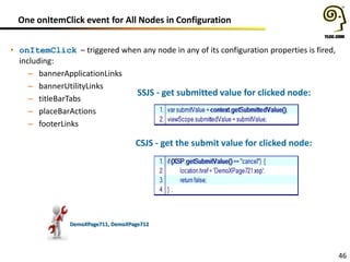 One onItemClick event for All Nodes in Configuration
• onItemClick – triggered when any node in any of its configuration properties is fired,
including:
– bannerApplicationLinks
– bannerUtilityLinks
SSJS - get submitted value for clicked node:
– titleBarTabs
– placeBarActions
– footerLinks

CSJS - get the submit value for clicked node:

DemoXPage711, DemoXPage712

46

 