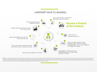 Become	a	Product	
of	the	Products.
1
3
4
5
6
7
8
9 10
Create	a	collage	of	pictures	that	
represents	your	“WHY”	to	/TLCHQ	
Facebook	page.	You	can	use	an	app	like	
Pic	Collage	for	example.
Get	plugged	in.	Write	down	your	
UPLINE	contact	info	on	your	sheet.	
(find	one	in	the	kit)
Determine	your	GOALS.	This	is	BIG!
Create	your	contact	list	Write	it	down	
(hint,	hint,	there’s	a	sheet	in	your	kit).
Watch	the	MAKING	THE	SHIFT	CD	
(also	from	your	kit)
Review	the	Business	Planner	Guide	
(it’s	in	the	kit	too)
Order	some	TLC	gear	at	
SHOPMYTLC.COM
Take	a	DEEP	breathe,	YOU	DID	IT!	
Welcome	to	the	TLC	Family!
2
Open	your	TLC
Business	Starter	Kit.
JUMPSTART	YOUR	TLC	BUSINESS
Disclaimer - A	TLC	Independent	Business	Owners	success	depends	in	great	part	upon	his	or	her	skills,	efforts,	dedication,	desire,	and	motivation.		Becoming	an	Independent	Business	Owner	with	TLC	is	NOT	a	guarantee	of	income.		Average	income	from	the	TLC	Compensation Plan	
has	not	been	established.	This	explanation	of	the	compensation	plan	is	a	description	of	how	commissions	may	be	earned	under	the	compensation	plan.	It	is	for	illustrative	purposes	only.	There	are	no	guarantees,	warranties	or	assurances	that	any	level	of	income,	earnings	or	
success	will	be	earned	or	attained	by	any	Total	Life	Changes	Independent	Business	Owner	(IBO).	All	Total	Life	Changes	IBOs	are	responsible	for	meeting	all	volume	and	customer	requirements,	qualifications	and/or	deadlines	applicable	to	them.	Actual	results	will	vary	and	will	be	a	
result	of	various	factors	such	as	expertise,	ability,	motivation	and	time	spent	promoting	and	selling	Total	Life	Changes	products	and	services.	
 
