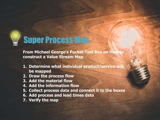 Super Process Map
From Michael George’s Pocket Tool Box on How to
construct a Value Stream Map
1. Determine what individual product/service will
be mapped
2. Draw the process flow
3. Add the material flow
4. Add the information flow
5. Collect process data and connect it to the boxes
6. Add process and lead times data
7. Verify the map
 