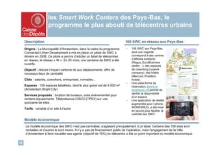 les Smart Work Centers des Pays-Bas, le
                       programme le plus abouti de télécentres urbains

     Description                                                             108 SWC en réseau aux Pays-Bas
     Origine : La Municipalité d’Amsterdam, dans le cadre du programme        -   108 SWC aux Pays-Bas,
     Connected Urban Development a mis en place un pilote de SWC à                dont une majorité
     Almere en 2008. Ce pilote a permis d’édicter un label de télécentres         correspond à des centres
     en réseau, le réseau « W ». En 24 mois, une centaine de SWC a été            d’affaires existants
                                                                                  (Regus, EuroBusiness
     ouverte.
                                                                                  center…), des espaces
     Objectif : réduire l’impact carbone dû aux déplacements, offrir de           de coworking (cowork
     nouveaux lieux de centralité                                                 company), des hôtels
                                                                                  (Mercure, Postillion
     Cible : salariés, coworkers, entreprises, nomades…                           hotels)
                                                                              -   Une plate-forme de
     Espaces : 108 espaces labellisés, dont le plus grand est de 5 000 m²         réservation, (www.w-
     (Amsterdam Bright City)                                                      smartwork.nl) permet de
                                                                                  vérifier la disponibilité
     Services proposés : location de bureaux, voire événementiel pour
                                                                                  d’un espace
     certains équipements. Téléprésence CISCO (TPEX) sur une                  -   Une application de réalité
     quinzaine de sites.                                                          augmentée pour i-phone,
     Tarifs : variable d’un site à l’autre                                        WORKSNUG, a été mise
                                                                                  en œuvre pour faciliter la
                                                                                  visibilité des SWC.
     Modèle économique
      Le modèle économique des SWC n’est pas centralisé, s’agissant principalement d’un label. Certains des 108 sites sont
      rentables et d’autres le sont moins. Il n’y a pas de financement public de l’opération, mais l’engagement de la Ville
      d’Amsterdam à faire travailler ses agents (objectif de 15%) en télécentre a été un point important du modèle économique.

20
 