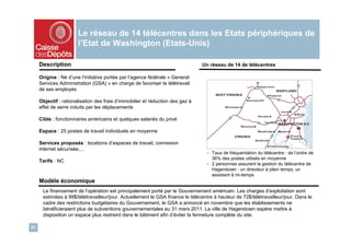 Le réseau de 14 télécentres dans les Etats périphériques de
                       l’Etat de Washington (Etats-Unis)

     Description                                                                Un réseau de 14 de télécentres

     Origine : Né d’une l’initiative portée par l’agence fédérale « General
     Services Administration (GSA) » en charge de favoriser le télétravail
     de ses employés

     Objectif : rationalisation des frais d’immobilier et réduction des gaz à
     effet de serre induits par les déplacements

     Cible : fonctionnaires américains et quelques salariés du privé

     Espace : 25 postes de travail individuels en moyenne

     Services proposés : locations d’espaces de travail, connexion
     internet sécurisée,…
                                                                                  - Taux de fréquentation du télécentre : de l’ordre de
                                                                                    36% des postes utilisés en moyenne
     Tarifs : NC
                                                                                  - 2 personnes assurent la gestion du télécentre de
                                                                                    Hagerstown : un directeur à plein temps, un
                                                                                    assistant à mi-temps
     Modèle économique
      Le financement de l’opération est principalement porté par le Gouvernement américain. Les charges d’exploitation sont
      estimées à 99$/télétravailleur/jour. Actuellement le GSA finance le télécentre à hauteur de 72$/télétravailleur/jour. Dans le
      cadre des restrictions budgétaires du Gouvernement, le GSA a annoncé en novembre que les établissements ne
      bénéficieraient plus de subventions gouvernementales au 31 mars 2011. La ville de Hagerstown espère mettre à
      disposition un espace plus restreint dans le bâtiment afin d’éviter la fermeture complète du site.

21
 