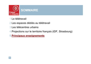SOMMAIRE

1.Le télétravail
2.Les espaces dédiés au télétravail
3.Les télécentres urbains
4.Projections sur le territoire français (IDF, Strasbourg)
5.Principaux enseignements




37
 