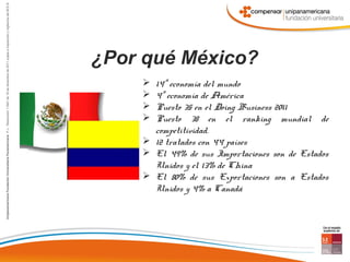 ¿Por qué México?
     14ª economía del mundo
     4ª economía de América
     Puesto 35 en el Doing Business 2011
     Puesto 38 en el ranking mundial de
      competitividad.
     12 tratados con 44 países
     El 49% de sus Importaciones son de Estados
      Unidos y el 13% de China
     El 80% de sus Exportaciones son a Estados
      Unidos y 4% a Canadá
 