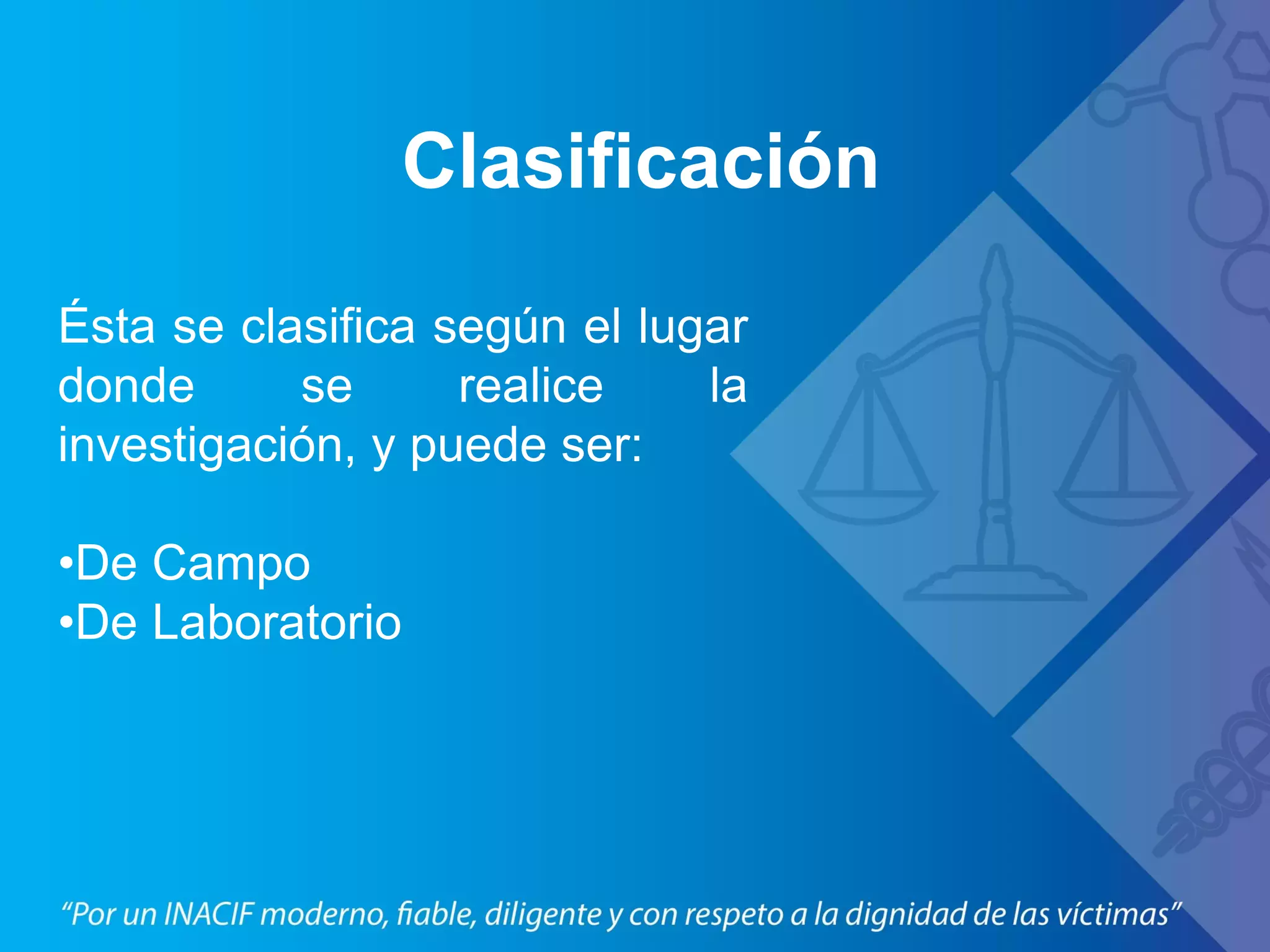 Clasificación
Ésta se clasifica según el lugar
donde se realice la
investigación, y puede ser:
•De Campo
•De Laboratorio
 