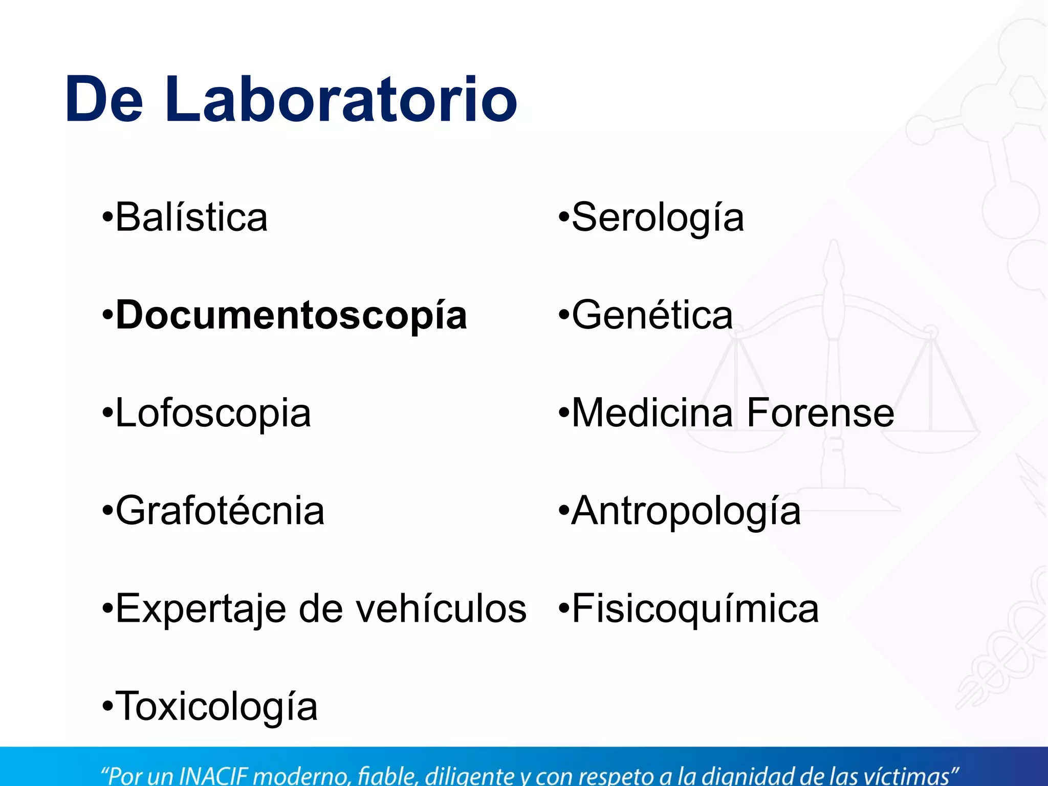 De Laboratorio
•Balística
•Documentoscopía
•Lofoscopia
•Grafotécnia
•Expertaje de vehículos
•Toxicología
•Serología
•Genética
•Medicina Forense
•Antropología
•Fisicoquímica
 