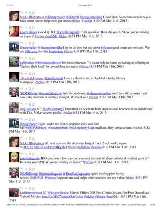 3/11/13                                                                Evernote Web




             NikkiDRobertson @libraryreeder @cktechtl @pageintraining Good idea. Sometimes teachers just
             need some one to help them get started#tlchat #vachat -8:33 PM Mar 11th, 2013


             joycevalenza Good Q! RT @jenniferlagarde: BIG question: How do you KNOW you're making
             an impact? #tlchat #mu5541 #tlchat -8:33 PM Mar 11th, 2013


             libraryreeder @shannonmmiller I try to do this but we cover #planningand some are resistant. We
             use #flextime for this.#modeling #tlchat-8:33 PM Mar 11th, 2013


             gglibrarian @brendadanderson for those reluctant T's it can help to frame collabing as offering to
             "lighten their load" by assembling resources #tlchat -8:33 PM Mar 11th, 2013


             _MichelleCooper @truddentech I use a calendar and embedded it to the library
             homepage. #tlchat -8:33 PM Mar 11th, 2013


             SOMSlibrary @jenniferlagarde Ask the students. @shannonmmiller and I just did a project and
             asked the students what they thought. Worked well #tlchat -8:32 PM Mar 11th, 2013


             meg_allison RT @johnsonmaryj: Important to celebrate both students and teachers who collaborate
             with TLs. Make success public! #tlchat-8:32 PM Mar 11th, 2013


        libraryreeder Right, make the first experience easy and fun!
        MT@SOMSlibrary: @readerroberts @ljdoughertyStart small and they come around #tlchat -8:32
  PM Mar 11th, 2013


             NikkiDRobertson AL teachers use the Alabama Insight Tool 2 help make sense
             of #CCSS http://t.co/fY0NBkyxKJ #tlchat #aledchat #vachat-8:32 PM Mar 11th, 2013


             jenniferlagarde BIG question: How can you connect the dots b/t these collabs & student growth?
             How do you KNOW you're making an impact?#tlchat -8:31 PM Mar 11th, 2013


         SOMSlibrary @jenniferlagarde @ReadforCupcakes agree that happens in my
         school. @SOMS_Principal supports me and helps other teachers see my value #tlchat -8:31 PM
  Mar 11th, 2013


             kariizimmerman RT @joycevalenza: Marvel Offers 700 First Comics Issues For Free Download -
             Yahoo! Movies http://t.co/DCYuuruSZa#tlchat #edchat #library #mu5541 -8:31 PM Mar 11th,
  2013
https://www.evernote.com/shard/s32/view/notebook/dd09244f-b062-44f8-8dec-435840d4849e?locale=en#b=85bdcbb9-5449-4617-8d05-72e292e967dd&st=p&…   20/42
 