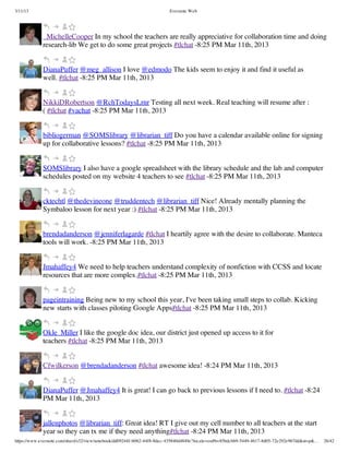 3/11/13                                                                Evernote Web




             _MichelleCooper In my school the teachers are really appreciative for collaboration time and doing
             research-lib We get to do some great projects #tlchat -8:25 PM Mar 11th, 2013


             DianaPuffer @meg_allison I love @edmodo The kids seem to enjoy it and find it useful as
             well. #tlchat -8:25 PM Mar 11th, 2013


             NikkiDRobertson @RchTodaysLrnr Testing all next week. Real teaching will resume after :
             ( #tlchat #vachat -8:25 PM Mar 11th, 2013


             bibliogerman @SOMSlibrary @librarian_tiff Do you have a calendar available online for signing
             up for collaborative lessons? #tlchat -8:25 PM Mar 11th, 2013


             SOMSlibrary I also have a google spreadsheet with the library schedule and the lab and computer
             schedules posted on my website 4 teachers to see #tlchat -8:25 PM Mar 11th, 2013


             cktechtl @thedevineone @truddentech @librarian_tiff Nice! Already mentally planning the
             Symbaloo lesson for next year :) #tlchat -8:25 PM Mar 11th, 2013


             brendadanderson @jenniferlagarde #tlchat I heartily agree with the desire to collaborate. Manteca
             tools will work. -8:25 PM Mar 11th, 2013


             Jmahaffey4 We need to help teachers understand complexity of nonfiction with CCSS and locate
             resources that are more complex.#tlchat -8:25 PM Mar 11th, 2013


             pageintraining Being new to my school this year, I've been taking small steps to collab. Kicking
             new starts with classes piloting Google Apps#tlchat -8:25 PM Mar 11th, 2013


             Okle_Miller I like the google doc idea, our district just opened up access to it for
             teachers #tlchat -8:25 PM Mar 11th, 2013


             Cfwilkerson @brendadanderson #tlchat awesome idea! -8:24 PM Mar 11th, 2013


             DianaPuffer @Jmahaffey4 It is great! I can go back to previous lessons if I need to. #tlchat -8:24
             PM Mar 11th, 2013


             jallenphotos @librarian_tiff: Great idea! RT I give out my cell number to all teachers at the start
             year so they can tx me if they need anything#tlchat -8:24 PM Mar 11th, 2013
https://www.evernote.com/shard/s32/view/notebook/dd09244f-b062-44f8-8dec-435840d4849e?locale=en#b=85bdcbb9-5449-4617-8d05-72e292e967dd&st=p&…   26/42
 