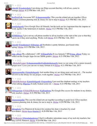 3/11/13                                                                Evernote Web



             cktechtl @readerroberts I am doing one Diigo account that they will all use, easier to
             manage #tlchat -8:22 PM Mar 11th, 2013


             InstTechTalk Awesome! RT @shannonmmiller: This year the related arts are together. GIves
             teachers common planning time & chance for me to stop in #tlchat -8:21 PM Mar 11th, 2013


             jenniferlagarde I love Google Docs & Edmodo, but the tools are less important than the impetus to
             work 2gether 4 the betterment of students. #tlchat -8:21 PM Mar 11th, 2013


             SOMSlibrary I give out my cell phone number to all my teachers at the start of the year so that they
             can tx me if they need anything. Works well #tlchat -8:21 PM Mar 11th, 2013


             cktechtl @truddentech @librarian_tiff Symbaloo is pretty fabulous, just found it this
             spring! #tlchat -8:21 PM Mar 11th, 2013


             meg_allison My collaborator! :) RT @DianaPuffer It was fantastic!! MT@meg_allison Today we
             rolled out the Google Apps for our 5&6th graders. #tlchat -8:21 PM Mar 11th, 2013


             _MichelleCooper @shannonmmiller@nikkidrobertson@s'more we are using it for a junior research
             project now! Love you can use so many formats in it #tlchat -8:21 PM Mar 11th, 2013


             shannonmmiller @jenniferlagarde And another thing we are doing more and more of….The teacher
             STAYS in the library for our project, work together. #tlchat -8:21 PM Mar 11th, 2013


             NikkiDRobertson @jenniferlagarde @mjsamberg I just used the elephant analogy w/my teachers
             when talking #flipclass It really freaked some out : ( #tlchat -8:21 PM Mar 11th, 2013


             bibliogerman @NikkiDRobertson @jallenphotos No Google Doc access for students in my district,
             only teachers. #tlchat -8:21 PM Mar 11th, 2013


             shannonmmiller This year the related arts are together according to grade level. GIves teachers
             common planning time & chance for me to stop in. #tlchat -8:20 PM Mar 11th, 2013


             ljdougherty Use Pinterest & Scoop.it for curation but share w/teachers by email
             newsletters. #tlchat #ccss #maslsc13 -8:20 PM Mar 11th, 2013


             Cfwilkerson @brendadanderson I find LiveBinders intimidates many of my tech-shy teachers, but
             they LOVE Pinterest. #tlchat -8:20 PM Mar 11th, 2013
https://www.evernote.com/shard/s32/view/notebook/dd09244f-b062-44f8-8dec-435840d4849e?locale=en#b=85bdcbb9-5449-4617-8d05-72e292e967dd&st=p&…   29/42
 