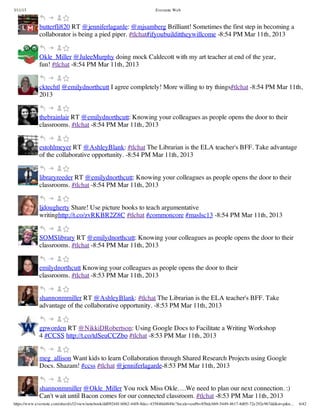 3/11/13                                                                Evernote Web



             butterfli820 RT @jenniferlagarde: @mjsamberg Brilliant! Sometimes the first step in becoming a
             collaborator is being a pied piper. #tlchat#ifyoubuildittheywillcome -8:54 PM Mar 11th, 2013


             Okle_Miller @JuleeMurphy doing mock Caldecott with my art teacher at end of the year,
             fun! #tlchat -8:54 PM Mar 11th, 2013


             cktechtl @emilydnorthcutt I agree completely! More willing to try things#tlchat -8:54 PM Mar 11th,
             2013


             thebrainlair RT @emilydnorthcutt: Knowing your colleagues as people opens the door to their
             classrooms. #tlchat -8:54 PM Mar 11th, 2013


             estohlmeyer RT @AshleyBlank: #tlchat The Librarian is the ELA teacher's BFF. Take advantage
             of the collaborative opportunity. -8:54 PM Mar 11th, 2013


             libraryreeder RT @emilydnorthcutt: Knowing your colleagues as people opens the door to their
             classrooms. #tlchat -8:54 PM Mar 11th, 2013


             ljdougherty Share! Use picture books to teach argumentative
             writinghttp://t.co/zvRKBR2Z8C #tlchat #commoncore #maslsc13 -8:54 PM Mar 11th, 2013


             SOMSlibrary RT @emilydnorthcutt: Knowing your colleagues as people opens the door to their
             classrooms. #tlchat -8:54 PM Mar 11th, 2013


             emilydnorthcutt Knowing your colleagues as people opens the door to their
             classrooms. #tlchat -8:53 PM Mar 11th, 2013


             shannonmmiller RT @AshleyBlank: #tlchat The Librarian is the ELA teacher's BFF. Take
             advantage of the collaborative opportunity. -8:53 PM Mar 11th, 2013


             gpworden RT @NikkiDRobertson: Using Google Docs to Facilitate a Writing Workshop
             4 #CCSS http://t.co/tdSeuCCZbo #tlchat -8:53 PM Mar 11th, 2013


             meg_allison Want kids to learn Collaboration through Shared Research Projects using Google
             Docs. Shazam! #ccss #tlchat @jenniferlagarde-8:53 PM Mar 11th, 2013


             shannonmmiller @Okle_Miller You rock Miss Okle….We need to plan our next connection. :)
             Can't wait until Bacon comes for our connected classroom. #tlchat -8:53 PM Mar 11th, 2013
https://www.evernote.com/shard/s32/view/notebook/dd09244f-b062-44f8-8dec-435840d4849e?locale=en#b=85bdcbb9-5449-4617-8d05-72e292e967dd&st=p&n…   6/42
 