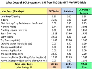 Labor Costs (6 hr days) CRT Maize CA Maize
CA Maize +
Legume
Land Prep/Clearing 7.50 0.00 0.58
Ridging 36.00 0.00 0.00
Distributing Crop Residues on the Ground 0.00 6.80 7.15
Planting Maize 9.44 10.08 10.08
Planting Legume Intercrop 0.00 0.00 13.50
Basal Dressing 12.28 12.60 13.56
1st Weeding 24.63 3.85 3.25
Top Dressing (CAN) 11.43 12.00 12.60
Drawing Water (herbicide use) 0.00 2.40 1.20
Roundup Application 0.00 4.17 4.17
Harness Application 0.00 4.17 0.00
2nd Weeding/Banking 23.29 4.25 2.20
Harvesting Maize (Stooking/Collecting Cobs) 12.69 12.69 12.69
Harvesting Legume (Uprooting plants/Collecting Pods)0.00 0.00 11.42
Total Labor Costs 137.26 73.01 92.40
Labor Savings % 0% 47% 33%
Labor Costs of 2CA Systems vs. CRT from TLC-CIMMYT-MoAIWD Trials
 