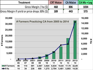 CRTMaize CA Maize CA Mz +Leg
468 806 1034
189 443 573
1701 1493 1686
Treatment
Break-even yield @current price (kg/ha)
Gross Margin / ha($)
Gross Margin if yield orprice drops 30% ($)
2005/
06
2006/
07
2007/
08
2008/
09
2009/
10
2010/
11
2011/
12
2012/
13
2013/
14
# Farmers 46 114 591 2,067 3,924 6,634 10,64 17,79 32,89
# Ha 14 34 236 499 1,275 2,704 5,461 5,865 14,50
-
2,000
4,000
6,000
8,000
10,000
12,000
14,000
16,000
-
5,000
10,000
15,000
20,000
25,000
30,000
35,000
#Ha
#Farmers
# Farmers Practicing CA from 2005 to 2014
 