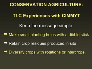 CONSERVATION AGRICULTURE:
TLC Experiences with CIMMYT
Keep the message simple:
 Make small planting holes with a dibble stick
 Retain crop residues produced in situ
 Diversify crops with rotations or intercrops.
 