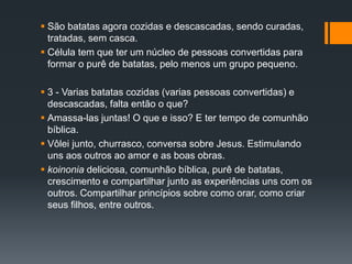  São batatas agora cozidas e descascadas, sendo curadas,
tratadas, sem casca.
 Célula tem que ter um núcleo de pessoas convertidas para
formar o purê de batatas, pelo menos um grupo pequeno.
 3 - Varias batatas cozidas (varias pessoas convertidas) e
descascadas, falta então o que?
 Amassa-las juntas! O que e isso? E ter tempo de comunhão
bíblica.
 Vôlei junto, churrasco, conversa sobre Jesus. Estimulando
uns aos outros ao amor e as boas obras.
 koinonia deliciosa, comunhão bíblica, purê de batatas,
crescimento e compartilhar junto as experiências uns com os
outros. Compartilhar princípios sobre como orar, como criar
seus filhos, entre outros.
 