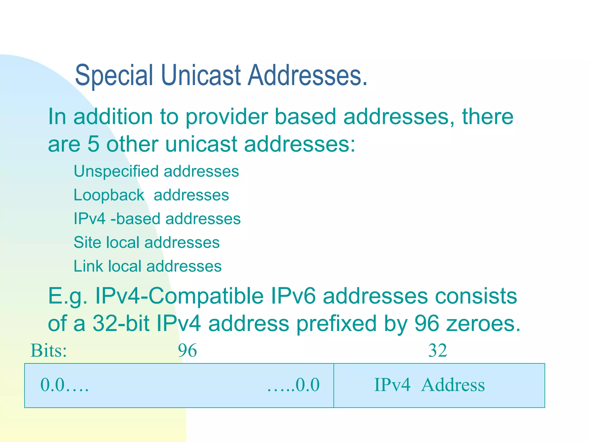 Special Unicast Addresses.
In addition to provider based addresses, there
are 5 other unicast addresses:
Unspecified addresses
Loopback addresses
IPv4 -based addresses
Site local addresses
Link local addresses
E.g. IPv4-Compatible IPv6 addresses consists
of a 32-bit IPv4 address prefixed by 96 zeroes.
Bits:
IPv4 Address0.0…. …..0.0
96 32
 