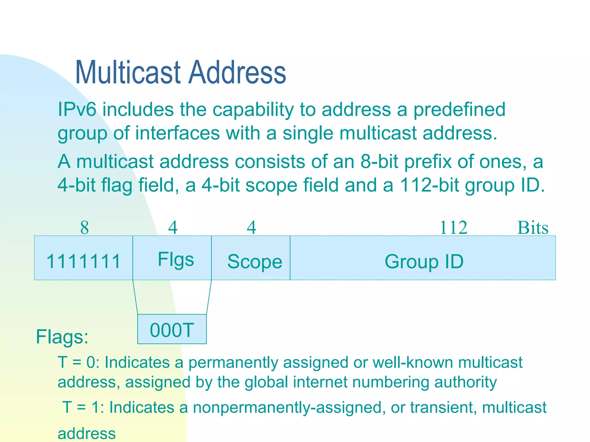 Multicast Address
IPv6 includes the capability to address a predefined
group of interfaces with a single multicast address.
A multicast address consists of an 8-bit prefix of ones, a
4-bit flag field, a 4-bit scope field and a 112-bit group ID.
Flags:
T = 0: Indicates a permanently assigned or well-known multicast
address, assigned by the global internet numbering authority
T = 1: Indicates a nonpermanently-assigned, or transient, multicast
address
Group ID
4 11248 Bits
1111111 Flgs Scope
000T
 