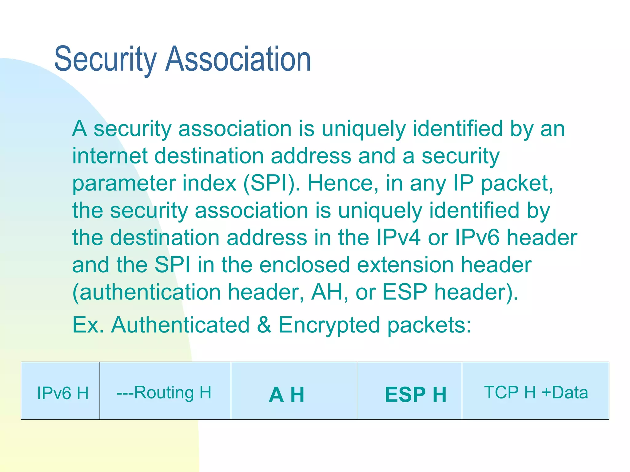 Security Association
A security association is uniquely identified by an
internet destination address and a security
parameter index (SPI). Hence, in any IP packet,
the security association is uniquely identified by
the destination address in the IPv4 or IPv6 header
and the SPI in the enclosed extension header
(authentication header, AH, or ESP header).
Ex. Authenticated & Encrypted packets:
IPv6 H ---Routing H A H ESP H TCP H +Data
 