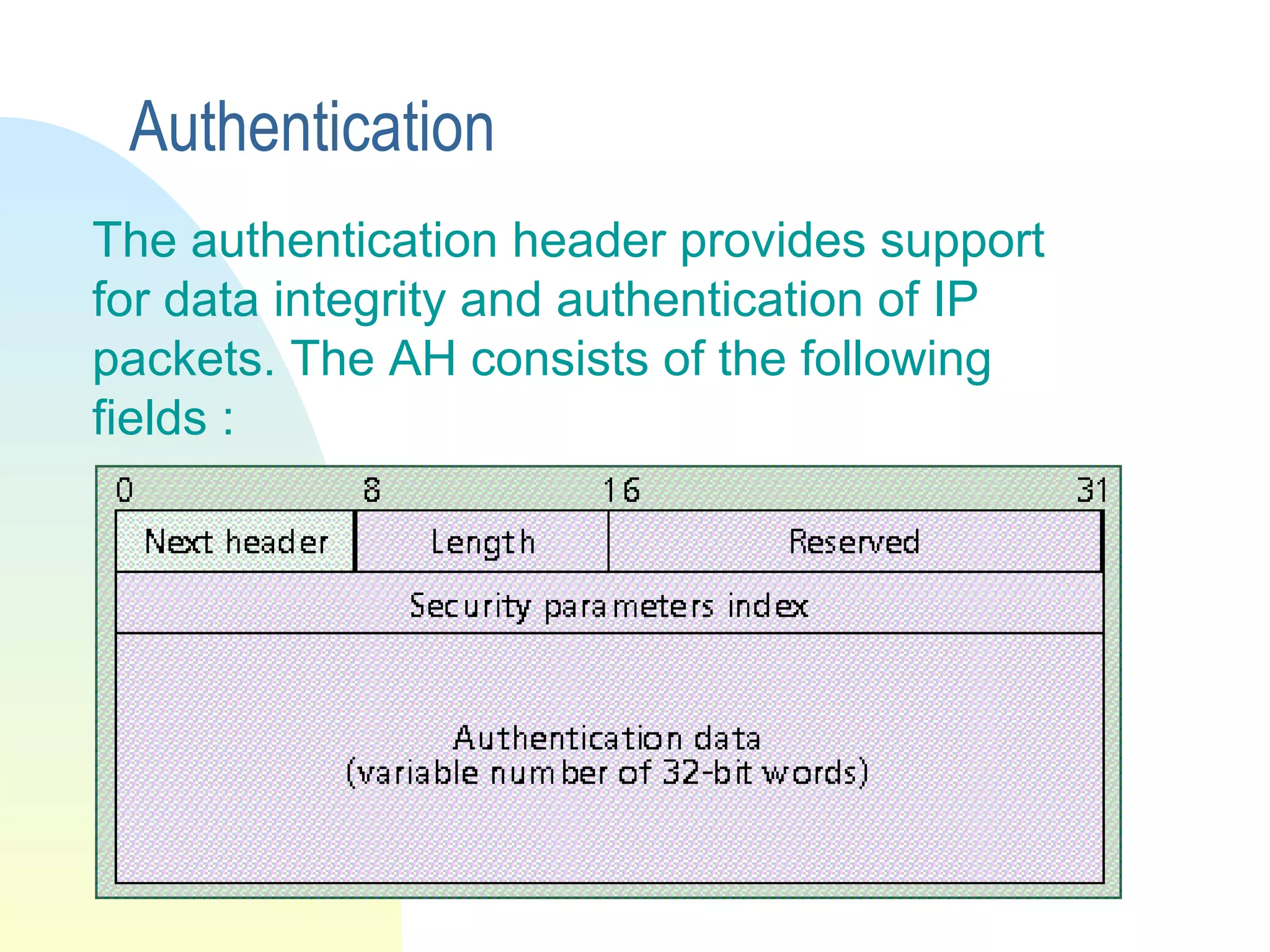 Authentication
The authentication header provides support
for data integrity and authentication of IP
packets. The AH consists of the following
fields :
 