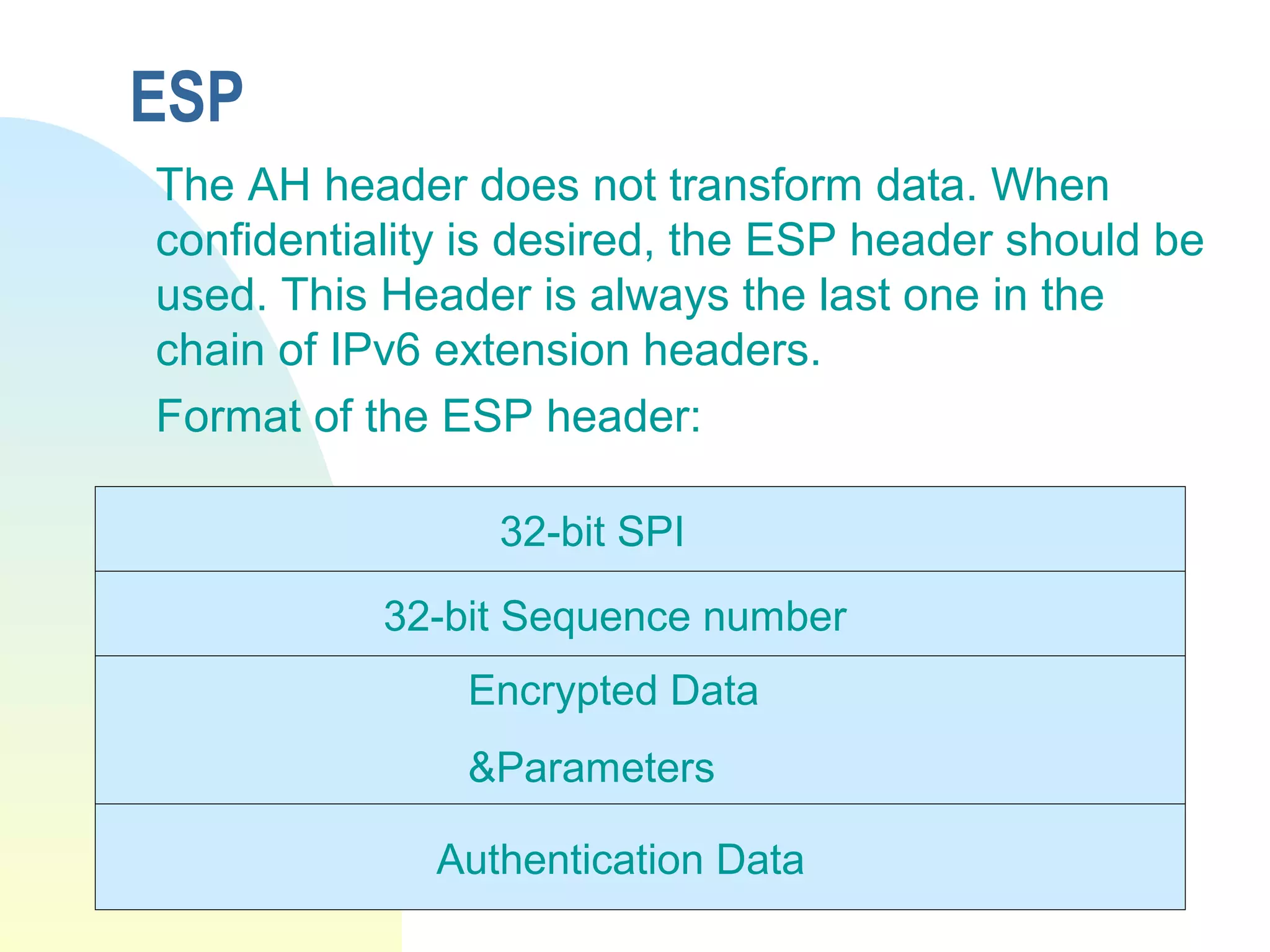 ESP
The AH header does not transform data. When
confidentiality is desired, the ESP header should be
used. This Header is always the last one in the
chain of IPv6 extension headers.
Format of the ESP header:
32-bit SPI
32-bit Sequence number
Encrypted Data
&Parameters
Authentication Data
 