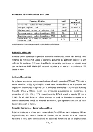 El mercado de estados unidos en el 2003




Fuente: Organización Mundial de Comercio, Fondo Monetario Internacional .




Población y Mercado

Estados Unidos constituye la principal economía en el mundo con un PBI de US$ 10.45
millones de millones (175 veces la economía peruana). Su población asciende a 288
millones de habitantes (11 veces la población peruana) y cuenta con un ingreso anual
por habitante de US$ 35,400 (17 veces el peruano) y un mercado equivalente a 170
veces el Perú.


Actividad Económica

La actividad económica está concentrada en el sector servicios (80% del PBI total), el
sector industria (18%) y agrícola (2%). En el 2003, Estados Unidos fue el principal país
importador en el mundo al registrar US$ 1.3 millones de millones (17% del total mundial).
Canadá, China y México fueron sus principales proveedores de mercancías al
concentrar el 18%, 12% y 11% respectivamente. ElPerú ocupó el puesto 52 con el
0.19%. En el 2002, Estados Unidos mantuvo un stock de inversión extranjera en el
exterior ascendente a US$ 1.5 millones de millones, que representan el 22% de todas
las inversiones en el mundo.

Relación Económico – Comercial con el Perú

Estados Unidos es el primer socio comercial del Perú (26% en exportaciones y 19% en
importaciones). La balanza comercial presenta en los últimos años un superávit
favorable al Perú como consecuencia del sostenido incremento de las exportaciones,

                                                   ~ 42 ~
 