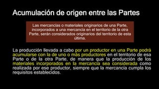 Acumulación de origen entre las Partes
La producción llevada a cabo por un productor en una Parte podrá
acumularse con la de uno o más productores en el territorio de esa
Parte o de la otra Parte, de manera que la producción de los
materiales incorporados en la mercancía sea considerada como
realizada por ese productor, siempre que la mercancía cumpla los
requisitos establecidos.
Las mercancías o materiales originarios de una Parte,
incorporados a una mercancía en el territorio de la otra
Parte, serán considerados originarios del territorio de esta
última.
 