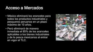Acceso a Mercados
• México eliminará los aranceles para
todos los productos industriales y
pesqueros peruanos en un plazo
máximo de 10 años.
• Perú eliminará de manera
inmediata el 85% de los aranceles
aplicables a los bienes industriales
y de la pesca mexicanos al entrar
en vigor el TLC.
 