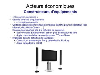 Acteurs économiques Constructeurs d'équipements « Consumer electronics » Grande diversité d'équipements cf. chapitres suivants Certains appareils sont vendus en marque blanche pour un opérateur (box internet, décodeurs Canal+, …) Constructeurs parfois liés à la diffusion de contenus Sony Pictures Entertainment est un gros distributeur de films Apple commercialise des contenus sur l'iTunes Store Impliqués dans la définition de standards Consortium emmené par Sony défendant le Blu-Ray Apple défendant le H.264 