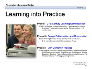 Technology Learning Center
                                                                                     1/20/2012




Learning into Practice
                             Phase I - 21st Century Learning Demonstration
                               STEM Pre-Service, In-Service Education, Fundamental Concepts in
                                  SmartLab™ utilizing temporary facility; Classes begin in 4 – 6
                                  months, Year 1.



                             Phase II - Design Collaboration and Construction
                               Public Planning Process, Design Development, Construction,
                                  2 - 3 years; Concurrent with Demonstration Phase.



                             Phase III - 21st Century in Practice
                               STEM Teacher Education, Regional Professional Development Center,
                                  Child Development Center, Small Business Development, General
                                  Education, Capstone Program Support, Community Resource; Full
                                  Implementation of Technology Learning Center.



                                                                               Developed By: R. Lurker
                                                                                 © 2012, 2011, 2010
                                                                                                   27
 