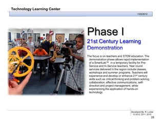Technology Learning Center
                                                                        1/20/2012




                             Phase I
                             21st Century Learning
                             Demonstration
                             The focus is on teachers and STEM education. The
                              demonstration phase allows rapid implementation
                              of a SmartLab™ in a temporary facility for Pre-
                              Service and In-Service teachers. Year round
                              services delivered in the region include classes,
                              workshops and summer programs. Teachers will
                              experience and develop or enhance 21st century
                              skills such as critical thinking and problem solving,
                              collaboration, effective communications, self-
                              direction and project management, while
                              experiencing the application of hands-on
                              technology.




                                                                  Developed By: R. Lurker
                                                                    © 2012, 2011, 2010
                                                                                      28
 