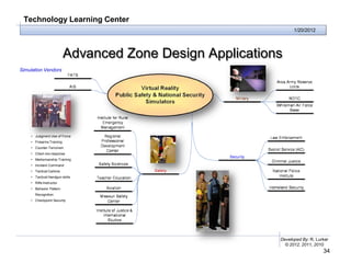Technology Learning Center
                                                                1/20/2012




                          Advanced Zone Design Applications
Simulation Vendors




    • Judgment Use of Force
    • Firearms Training
    • Counter-Terrorism
    • Chem-bio response
    • Marksmanship Training
    • Incident Command
    • Tactical Carbine
    • Tactical Handgun skills
    • Rifle Instructor
    • Behavior Pattern
      Recognition
    • Checkpoint Security




                                                          Developed By: R. Lurker
                                                            © 2012, 2011, 2010
                                                                              34
 