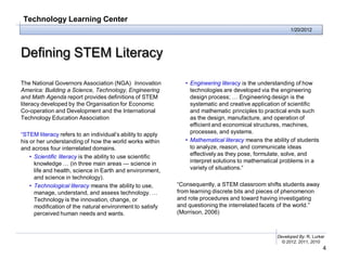 Technology Learning Center
                                                                                                          1/20/2012




Defining STEM Literacy

The National Governors Association (NGA) Innovation             • Engineering literacy is the understanding of how
America: Building a Science, Technology, Engineering              technologies are developed via the engineering
and Math Agenda report provides definitions of STEM               design process; … Engineering design is the
literacy developed by the Organisation for Economic               systematic and creative application of scientific
Co-operation and Development and the International                and mathematic principles to practical ends such
Technology Education Association                                  as the design, manufacture, and operation of
                                                                  efficient and economical structures, machines,
“STEM literacy refers to an individual’s ability to apply         processes, and systems.
his or her understanding of how the world works within          • Mathematical literacy means the ability of students
and across four interrelated domains.                             to analyze, reason, and communicate ideas
    • Scientific literacy is the ability to use scientific        effectively as they pose, formulate, solve, and
      knowledge … (in three main areas — science in               interpret solutions to mathematical problems in a
      life and health, science in Earth and environment,          variety of situations.“
      and science in technology).
    • Technological literacy means the ability to use,       “Consequently, a STEM classroom shifts students away
      manage, understand, and assess technology. …           from learning discrete bits and pieces of phenomenon
      Technology is the innovation, change, or               and rote procedures and toward having investigating
      modification of the natural environment to satisfy     and questioning the interrelated facets of the world.”
      perceived human needs and wants.                       (Morrison, 2006)



                                                                                                    Developed By: R. Lurker
                                                                                                      © 2012, 2011, 2010
                                                                                                                          4
 