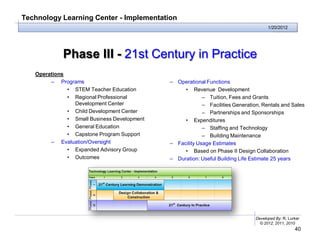 Technology Learning Center - Implementation
                                                                                      1/20/2012




            Phase III - 21st Century in Practice
   Operations
        – Programs                           – Operational Functions
              • STEM Teacher Education            • Revenue Development
              • Regional Professional                     – Tuition, Fees and Grants
                Development Center                        – Facilities Generation, Rentals and Sales
              • Child Development Center                  – Partnerships and Sponsorships
              • Small Business Development        • Expenditures
              • General Education                         – Staffing and Technology
              • Capstone Program Support                  – Building Maintenance
        – Evaluation/Oversight               – Facility Usage Estimates
              • Expanded Advisory Group           • Based on Phase II Design Collaboration
              • Outcomes                     – Duration: Useful Building Life Estimate 25 years




                                                                                Developed By: R. Lurker
                                                                                  © 2012, 2011, 2010
                                                                                                    40
 