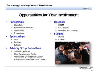 Technology Learning Center - Stakeholders
                                                                                     1/20/2012




               Opportunities for Your Involvement
•   Partnerships                               •   Research
     –   Education                                 –   STEM
     –   Business and Industry                     –   Educational
     –   Government                                –   Business and Industry
     –   Foundations                           •   Funding
•   Sponsorships                                   –   Public
     –   Labs                                      –   Private
     –   Facilities
     –   Exhibits
•   Advisory Group Committees
     –   Technology Center
     –   Child Development Center
     –   Professional Development Center
     –   Business and Entrepreneurial Center


                                                                               Developed By: R. Lurker
                                                                                 © 2012, 2011, 2010
                                                                                                   41
 