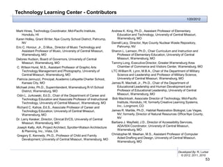 Technology Learning Center - Contributors
                                                                                                                         1/20/2012


Mark Hines, Technology Coordinator, Mid-Pacific Institute,          Andrew K. King, Ph.D., Assistant Professor of Elementary
    Honolulu, HI                                                        Education and Technology, University of Central Missouri,
Karen Holley, Grant Writer, Nye County School District, Pahrump,        Warrensburg, MO
    NV                                                              Darrell Lacy, Director, Nye County Nuclear Waste Repository,
Eric C. Honour, Jr., D.Mus., Director of Music Technology and           Pahrump, NV
    Assistant Professor of Music, University of Central Missouri,   Sharon L. Lamson, Ph.D., Chair Curriculum and Instruction and
    Warrensburg, MO                                                     Professor of Elementary Education, University of Central
Delores Hudson, Board of Governors, University of Central               Missouri, Warrensburg, MO
    Missouri, Warrensburg, MO                                       Tammy Long, Executive Director, Greater Warrensburg Area
C. Wilson Hurst, M.S., Assistant Professor of Graphic Arts              Chamber of Commerce and Visitors Center, Warrensburg, MO
    Technology Management and Photography, University of            LTC William R. Lynn, M.B.A., Chair of the Department of Military
    Central Missouri, Warrensburg, MO                                   Science and Leadership and Professor of Military Science,
Patricia Jannuzzi, Principal, Academic Lafayette Charter School,        University of Central Missouri, Warrensburg, MO
    Kansas City, MO                                                 James R. Machell, Jr., Ph.D., Chair of the Department of
Michael Jinks, Ph.D., Superintendent, Warrensburg R-VI School           Educational Leadership and Human Development and
    District, Warrensburg, MO                                           Professor of Educational Leadership, University of Central
Odin L. Jurkowski, Ed.D., Chair of the Department of Career and         Missouri, Warrensburg, MO
    Technology Education and Associate Professor of Instructional   Bob MacIntosh, Associate Director of Technology, Mid-Pacific
    Technology, University of Central Missouri, Warrensburg, MO         Institute, Honolulu, HI; formerly Creative Learning Systems,
Richard C. Kahoe, Ed.S., Associate Professor of Career and              Inc., Longmont, CO
    Technology Education, University of Central Missouri,           James R. Marble, Ph.D., Habitat Restoration Biologist, Las Vegas,
    Warrensburg, MO                                                     NV; formerly, Director of Natural Resources Office Nye County,
Dr. Larry Keisker, Director, Clinical SVCS, University of Central       NV
    Missouri, Warrensburg, MO                                       Barbara J. Mayfield, J.D., Director of Accessibility Services,
Joseph Kelly, AIA, Project Architect, Sprotte+Watson Architecture       ADA/504 Coordinator, University of Central Missouri,
    & Planning, Inc., Vista, CA                                         Warrensburg, MO
Gregory E. Kennedy, Ph.D., Professor of Child and Family            Christopher M. Meehan, M.S., Assistant Professor of Computer
    Development, University of Central Missouri, Warrensburg, MO        Aided Drafting and Design, University of Central Missouri,
                                                                        Warrensburg, MO


                                                                                                                   Developed By: R. Lurker
                                                                                                                     © 2012, 2011, 2010
                                                                                                                                         53
 