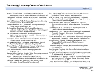 Technology Learning Center - Contributors
                                                                                                                        1/20/2012


Matthew A. Melvin, Ed.D., Assistant Provost for Enrollment        Paul A. Page, Ph.D., Vice President for University Advancement,
    Management, University of Central Missouri, Warrensburg, MO       University of Central Missouri, Warrensburg, MO
Dean Meyers, President, Inventive Technology Inc., Westminster,   Kyle W. Palmer, Ph.D., – Program Coordinator and Professor of
    CO                                                                Computer Aided Drafting and Design Technology, University of
Larry K. Michaelsen, Ph.D., Professor of Management, University       Central Missouri, Warrensburg, MO
    of Central Missouri, Warrensburg, MO                          Bobby R. Patton, Ph.D., President and Professor of Speech
Carol A. Mihalevich, Ph.D., Professor of Reading, University of       Communication, University of Central Missouri, Warrensburg,
    Central Missouri, Warrensburg, MO                                 MO
Dr. Doug Miller, Coordinator of Professional Development,         Ann M. Pearce, B.S., Associate to the President, University of
    Leadership Academy, Missouri Department of Elementary and         Central Missouri, Warrensburg, MO
    Secondary Education, Jefferson City, MO                       Novella Perrin, Ph.D., Dean of The Graduate School and Assistant
W. Douglas Miller, Supervisor of Technology Education,                Provost for Research, University of Central Missouri,
    Department of Elementary and Secondary Education, State of        Warrensburg, MO
    Missouri, Jefferson City, MO                                  Aaron M. Podolefsky, Ph.D., President and Professor of History and
Julie Milner, Charter School Technology Coordinator, Academic         Anthropology, University of Central Missouri, Warrensburg, MO
    Lafayette Charter School, Kansas City, MO                     Pamela Raffurty, Director, Workshop on Wheels Child Care
Joy Mockelmann, Ph.D., Supervisor, State System of Support,           Resource & Referral, University of Central Missouri,
    Wyoming Department of Education, Cheyenne, WY                     Warrensburg, MO
Thomas M. Moore, Ph.D., Associate Professor of Agriculture,       Jim Ramos, Regional Manager, Advanced Interactive Systems,
    University of Central Missouri, Warrensburg, MO                   AIS, Seattle, WA
Gary Nelson, President, Creative Learning Systems, Inc.,          Dan Ramseier, President, High Country Technology Consultants
    Longmont, CO                                                      Inc., Greeley, CO
Lareesa Nelson, Business Manager, Urban Community Leadership      Larry Ray, Contracts and Capital Development Manager, University
    Academy (UCLA), Kansas City, MO                                   of Central Missouri, Warrensburg, MO
Robert J. Ohrenberg, Ed.D., Professor of Manufacturing            C. David Rice, Ph.D., Assistant Provost for Information Technology
    Management, University of Central Missouri, Warrensburg, MO       and Instruction and Professor of History, University of Central
Carolyn P. O’Keefe, M.S., Director of Lee’s Summit Facility,          Missouri, Warrensburg, MO
    University of Central Missouri, Warrensburg, MO               Joe C. Rice, President and CEO, Mid-Pacific Institute, Honolulu, HI



                                                                                                                  Developed By: R. Lurker
                                                                                                                    © 2012, 2011, 2010
                                                                                                                                        54
 