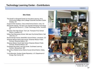 Technology Learning Center - Contributors
                                                                            1/20/2012




                           Site Visits

The Harold S. Winograd Center for Innovative Learning, Aims
    Community College, Aims College Corporate Education Center,
    Greeley, CO
Guajome Park Academy, Vista Unified School District, Vista, CA
Mid-Pacific Institute, The Harry and Jeanette Weinberg Technology
    Plaza and the Dennis S. L. Chew Technology Center, Honolulu,
    HI
Mountain View High School, Tech Lab, Thompson R-2J School
    District, Loveland, CO
Nibley Park Elementary School, Salt Lake City School District, Salt
    Lake City, UT
Roosevelt High School, Weld RE5J School District, Johnstown, CO
Shawnee Mission North High School, Shawnee Mission Public
    Schools, Shawnee Mission, KS
Shawnee Mission South High School, Shawnee Mission Public
    Schools, Shawnee Mission, KS
Southwest Secondary Learning Center, Southwest Learning
    Centers, Albuquerque, NM
Wood River Middle School, Blaine County School District, Hailey,
    ID
Yucca Mountain, Nuclear Waste Repository, U.S. Department of
    Energy, Nye County, NV




                                                                      Developed By: R. Lurker
                                                                        © 2012, 2011, 2010
                                                                                          57
 
