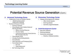 Technology Learning Center
                                                                                                          1/20/2012




          Potential Revenue Source Generation (Cont.)
   Advanced Technology Zones                              Elementary Technology Center
    •   Collaboration Coves and Ideation Spaces             •   Classes and programs for children
          – Global business project                               – After-school classes
              collaboration/meetings
                                                                  – Evening classes
    •   Business & Research Rentals
                                                                  – Summer programs/classes
          – Anechoic Chamber
          – Virtual Reality Public Safety & National
              Security Simulators                          Child Development Center
                 • Military including Reserves              •   Day-time childcare
                 • Security, Safety
                                                            •   Evening childcare
                 • Local Law Enforcement, Secret Service,
                                                            •   Community workshops
                     FBI, Homeland Security
          – Virtual Reality CAVE                                  – Parents, Childcare workers
          – Virtuality Studio & Editing Booths
          – Sound Studios
          – Hard Fabrication and Prototyping Zone
          – Fire & Water Zones
                 • Burn lab
                 • Water testing pool
          – Bio Technology Zones

                                                                                                    Developed By: R. Lurker
                                                                                                      © 2012, 2011, 2010
                                                                                                                        69
 