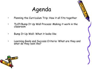 Agenda
•

Planning the Curriculum Trip: How it all fits together

•

TLCP/Bump It Up Wall Process: Making it work in the
classroom

•

Bump It Up Wall: What it looks like

•

Learning Goals and Success Criteria: What are they and
what do they look like?

 