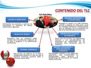 ACCESO A MERCADOS
REGLAS DE ORIGEN
DEFENSA COMERCIAL
MEDIDAS SANITARIAS Y
FITOSANITARIAS
OBSTÁCULOS TÉCNICOS
AL COMERCIO
PROCED. ADUANEROS Y
FACILITACIÓN DEL
COMERCIO
Eliminación de aranceles y barreras no
arancelarias al comercio de bienes
industriales y agrícolas.
Requisitos que un producto debe
cumplir para considerarse originario de
un país y acogerse a las preferencias
arancelarias.
Mecanismos de defensa de la OMC y
salvaguardia bilateral en caso de que la
apertura comercial ocasione daño o
amenace causar daño.
Proteger la salud o la vida humana,
animal o vegetal en cada país y que
las medidas sanitarias o fitosanitarias
que se apliquen no se conviertan en
barreras injustificadas al comercio.
Evitar que las normas, los reglamentos
técnicos y los procedimientos de
evaluación de conformidad de los
productos sean obstáculos para el
comercio.
Formalidades referidas a los regímenes
aduaneros, cuyo cumplimiento es
indispensable para permitir el
desaduanaje de mercancías de manera
rápida y eficiente,
 