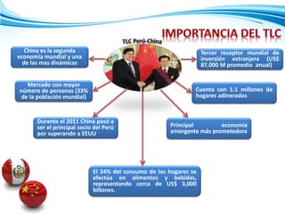 El 24% del consumo de los hogares se
efectúa en alimentos y bebidas,
representando cerca de US$ 3,000
billones.
China es la segunda
economía mundial y una
de las mas dinámicas
Tercer receptor mundial de
inversión extranjera (US$
87,000 M promedio anual)
Principal economía
emergente más prometedora
Mercado con mayor
número de personas (33%
de la población mundial)
Cuenta con 1.1 millones de
hogares adinerados
Durante el 2011 China pasó a
ser el principal socio del Perú
por superando a EEUU
 