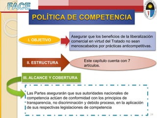 Las Partes asegurarán que sus autoridades nacionales de
competencia actúen de conformidad con los principios de
transparencia, no discriminación y debido proceso, en la aplicación
de sus respectivas legislaciones de competencia
I. OBJETIVO
Asegurar que los beneficios de la liberalización
comercial en virtud del Tratado no sean
menoscabados por prácticas anticompetitivas.
II. ESTRUCTURA
Este capítulo cuenta con 7
artículos.
III. ALCANCE Y COBERTURA
24
 
