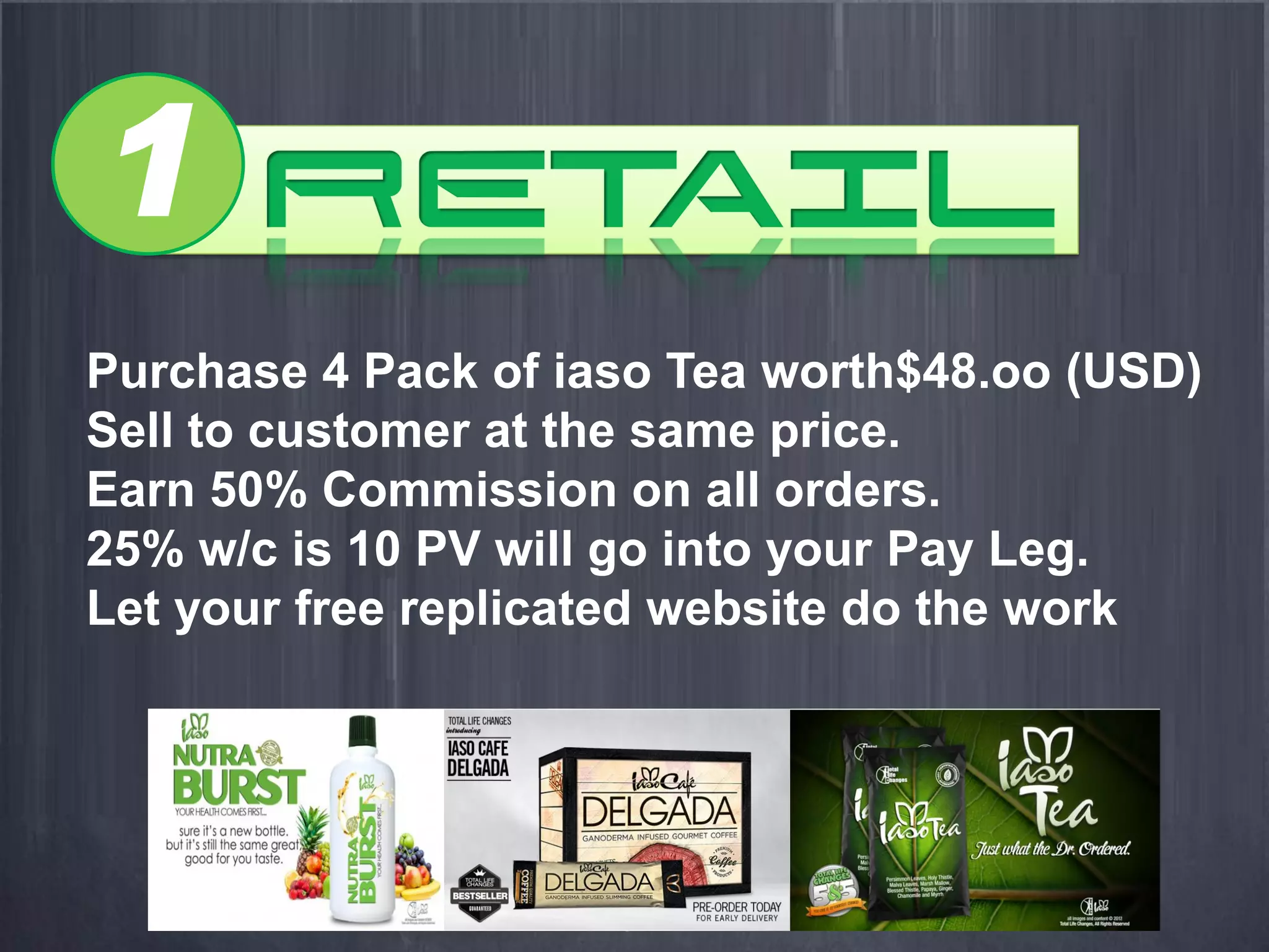 1
Purchase 4 Pack of iaso Tea worth$48.oo (USD)
Sell to customer at the same price.
Earn 50% Commission on all orders.
25% w/c is 10 PV will go into your Pay Leg.
Let your free replicated website do the work
 
